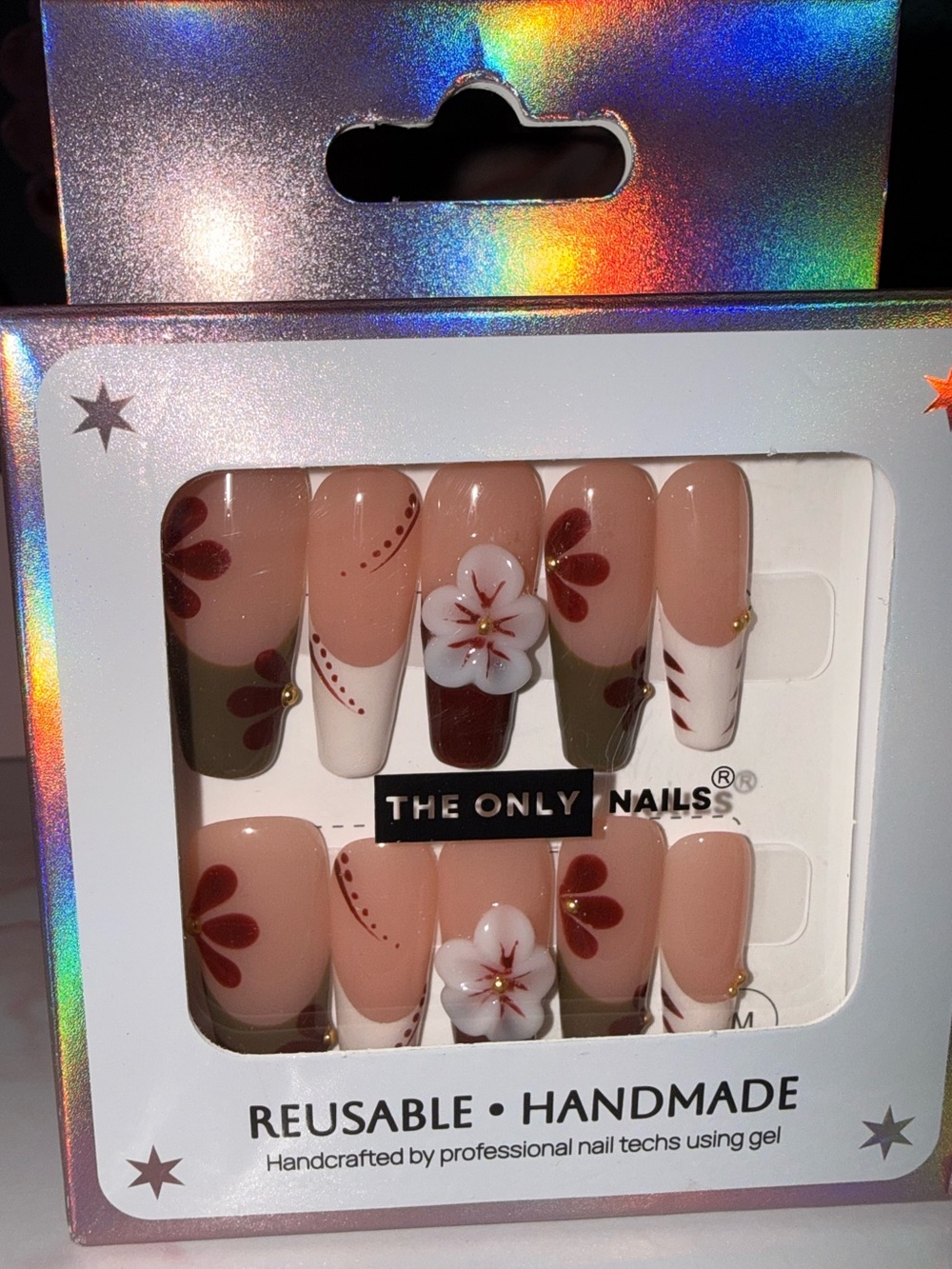 The Only Nails Reusable Handmade Press-On Nails - Nude with Floral Accent